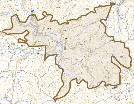 二瀬本とその周辺の地図。町の範囲を重ねている