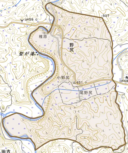 野尻とその周辺の地図。町の範囲を重ねている