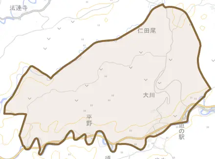 大平とその周辺の地図。町の範囲を重ねている