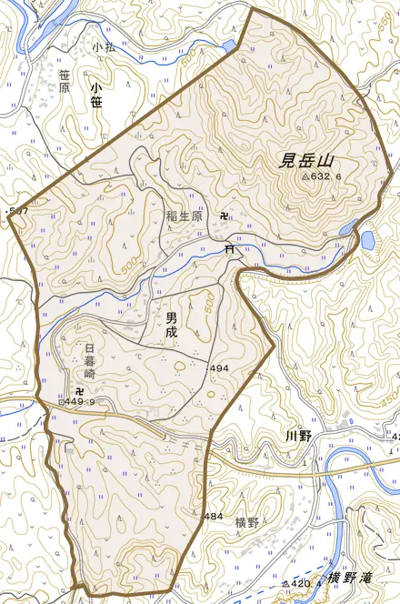 男成とその周辺の地図。町の範囲を重ねている