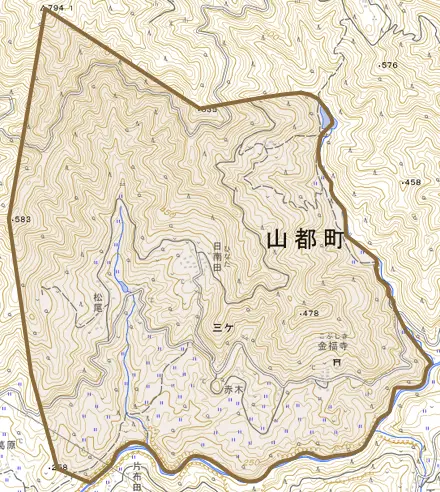 三ケとその周辺の地図。町の範囲を重ねている