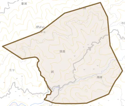 猿渡とその周辺の地図。町の範囲を重ねている