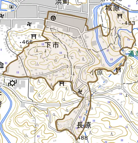 下市とその周辺の地図。町の範囲を重ねている