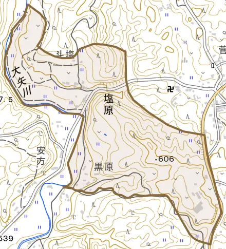 塩原とその周辺の地図。町の範囲を重ねている