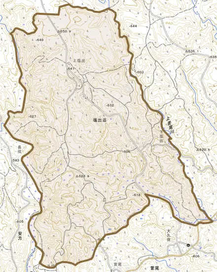 塩出迫とその周辺の地図。町の範囲を重ねている