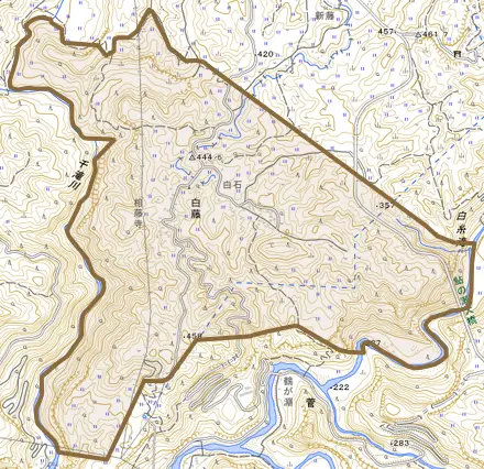 白藤とその周辺の地図。町の範囲を重ねている