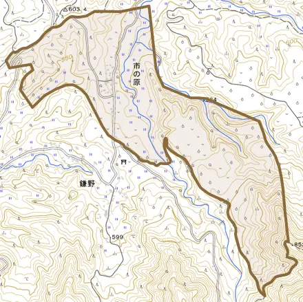 市の原とその周辺の地図。町の範囲を重ねている