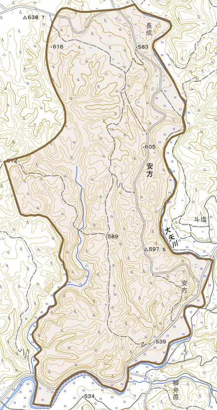 安方とその周辺の地図。町の範囲を重ねている