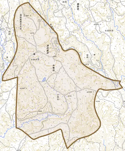 井無田とその周辺の地図。町の範囲を重ねている