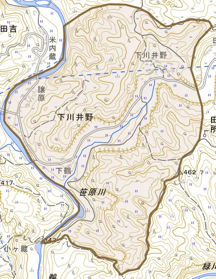 下川井野とその周辺の地図。町の範囲を重ねている