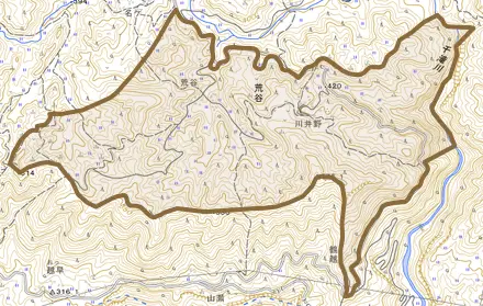 荒谷とその周辺の地図。町の範囲を重ねている