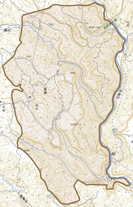 高畑とその周辺の地図。町の範囲を重ねている