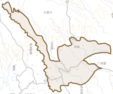上差尾とその周辺の地図。町の範囲を重ねている