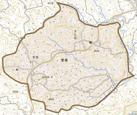 菅尾とその周辺の地図。町の範囲を重ねている