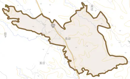 長谷とその周辺の地図。町の範囲を重ねている
