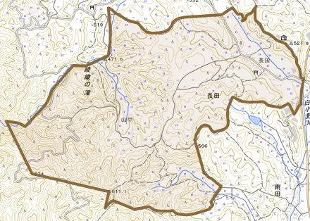 長田とその周辺の地図。町の範囲を重ねている