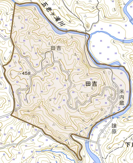 田吉とその周辺の地図。町の範囲を重ねている
