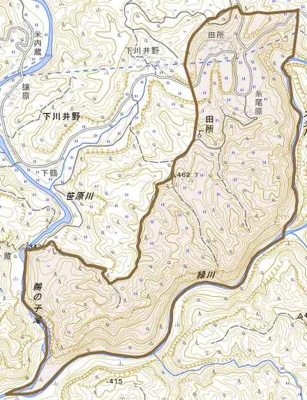 田所とその周辺の地図。町の範囲を重ねている