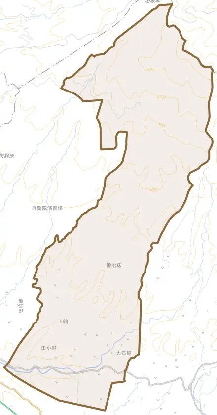 田小野とその周辺の地図。町の範囲を重ねている