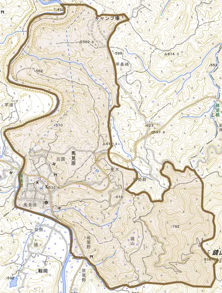 馬見原とその周辺の地図。町の範囲を重ねている