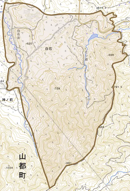 白石とその周辺の地図。町の範囲を重ねている