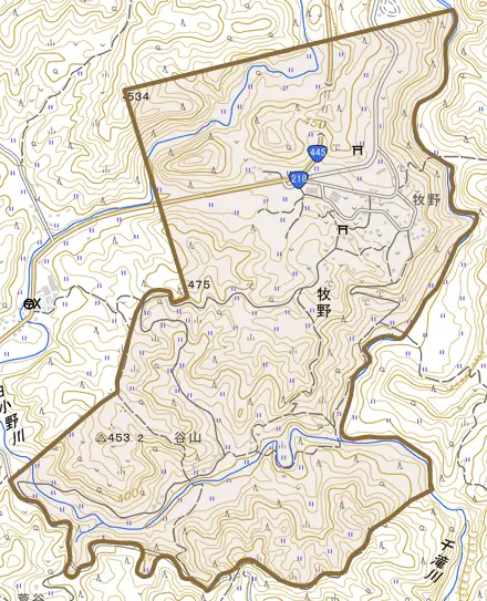 牧野とその周辺の地図。町の範囲を重ねている