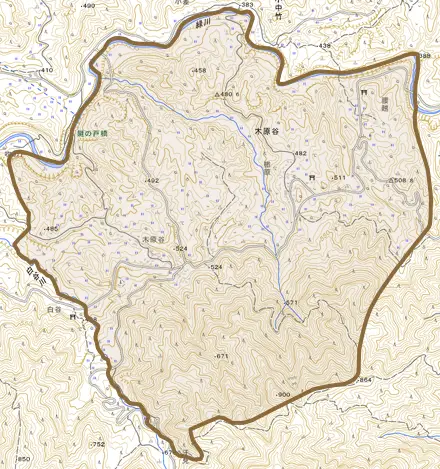 木原谷とその周辺の地図。町の範囲を重ねている