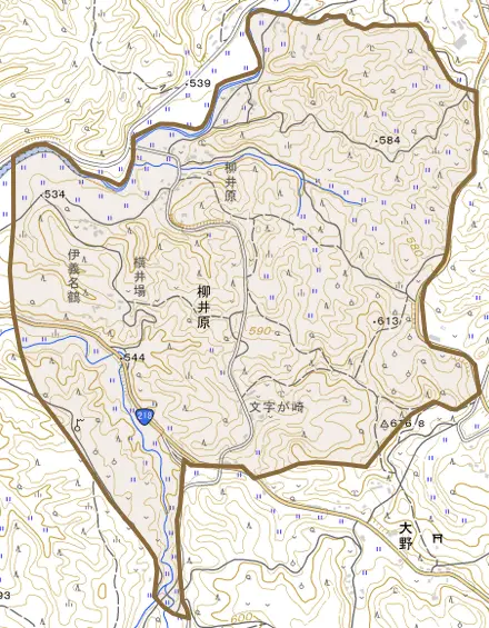 柳井原とその周辺の地図。町の範囲を重ねている