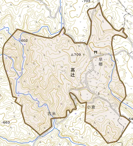 高辻とその周辺の地図。町の範囲を重ねている