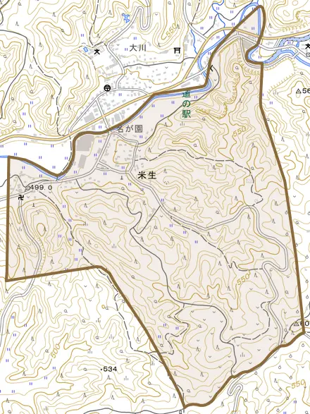 米生とその周辺の地図。町の範囲を重ねている