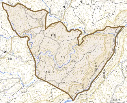米迫とその周辺の地図。町の範囲を重ねている