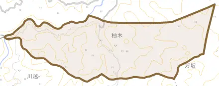 柚木とその周辺の地図。町の範囲を重ねている