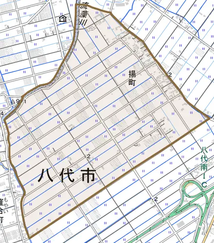 揚町とその周辺の地図。町の範囲を重ねている