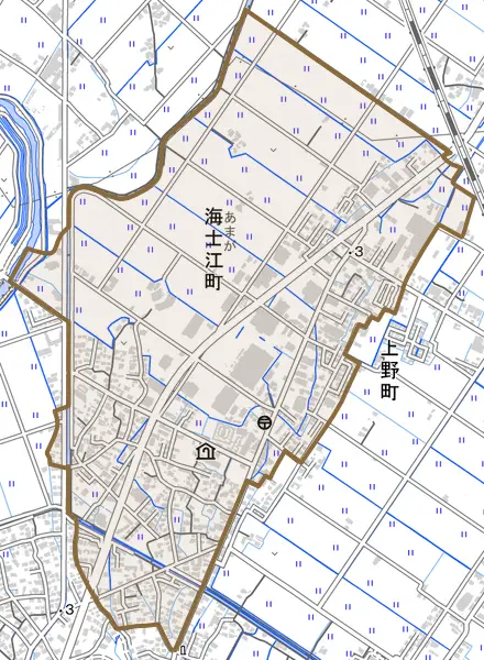 海士江町とその周辺の地図。町の範囲を重ねている