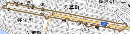 旭中央通とその周辺の地図。町の範囲を重ねている