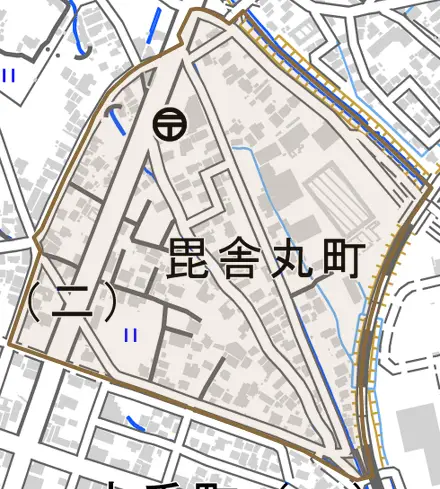 毘舎丸町とその周辺の地図。町の範囲を重ねている