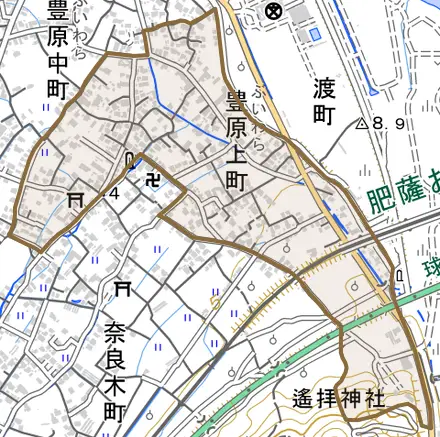 豊原上町とその周辺の地図。町の範囲を重ねている