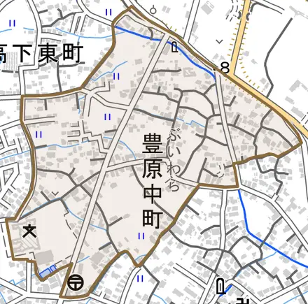 豊原中町とその周辺の地図。町の範囲を重ねている