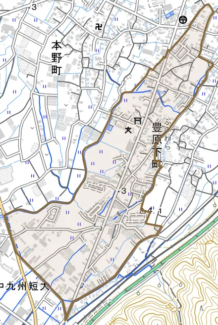 豊原下町とその周辺の地図。町の範囲を重ねている