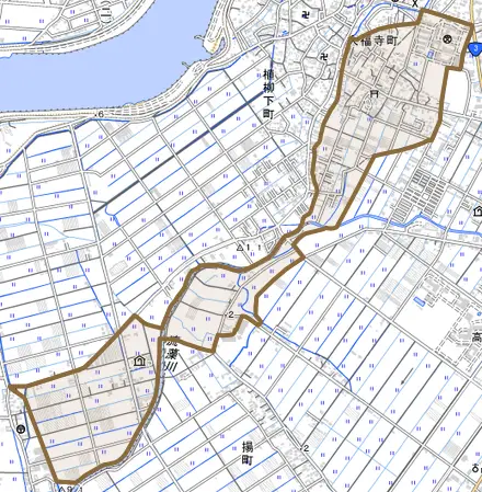 大福寺町とその周辺の地図。町の範囲を重ねている