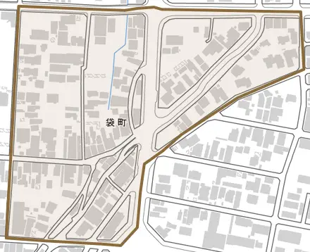 袋町とその周辺の地図。町の範囲を重ねている