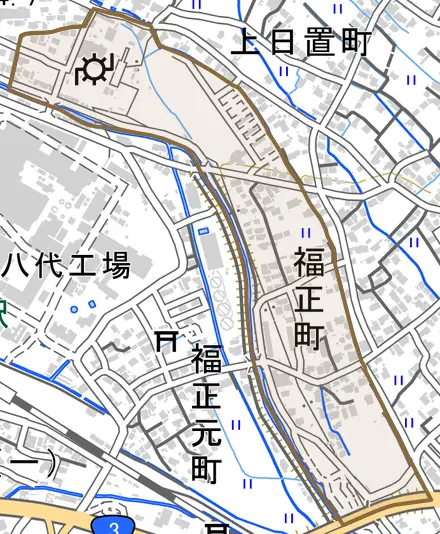 福正町とその周辺の地図。町の範囲を重ねている