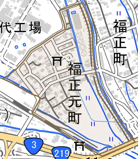 福正元町とその周辺の地図。町の範囲を重ねている