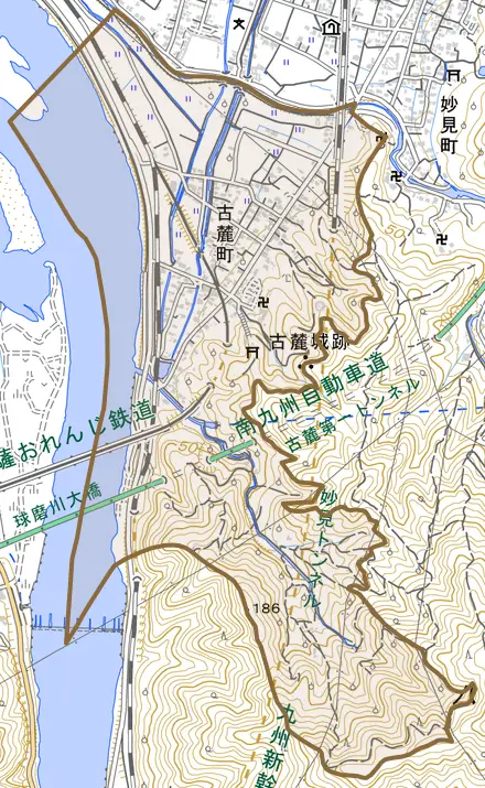 古麓町とその周辺の地図。町の範囲を重ねている