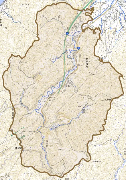 二見赤松町とその周辺の地図。町の範囲を重ねている