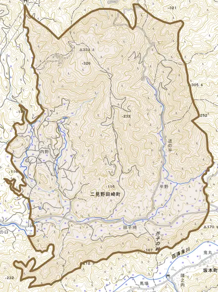 二見野田崎町とその周辺の地図。町の範囲を重ねている
