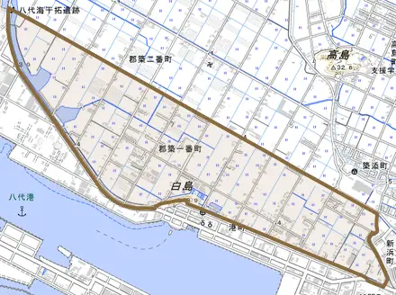 郡築一番町とその周辺の地図。町の範囲を重ねている