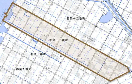 郡築十一番町とその周辺の地図。町の範囲を重ねている