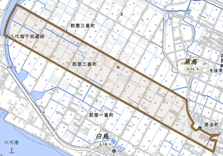 郡築二番町とその周辺の地図。町の範囲を重ねている