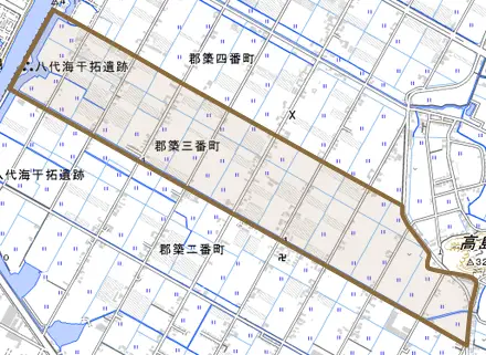 郡築三番町とその周辺の地図。町の範囲を重ねている